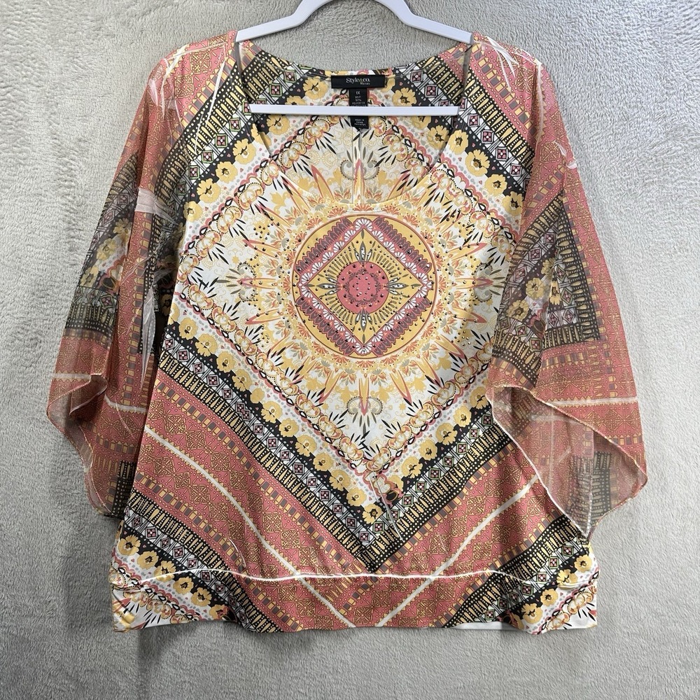 Style & Co. Peasant Boxy Top Women's Sz 1X Sheer Bell‎ Sleeves Mandala Boho